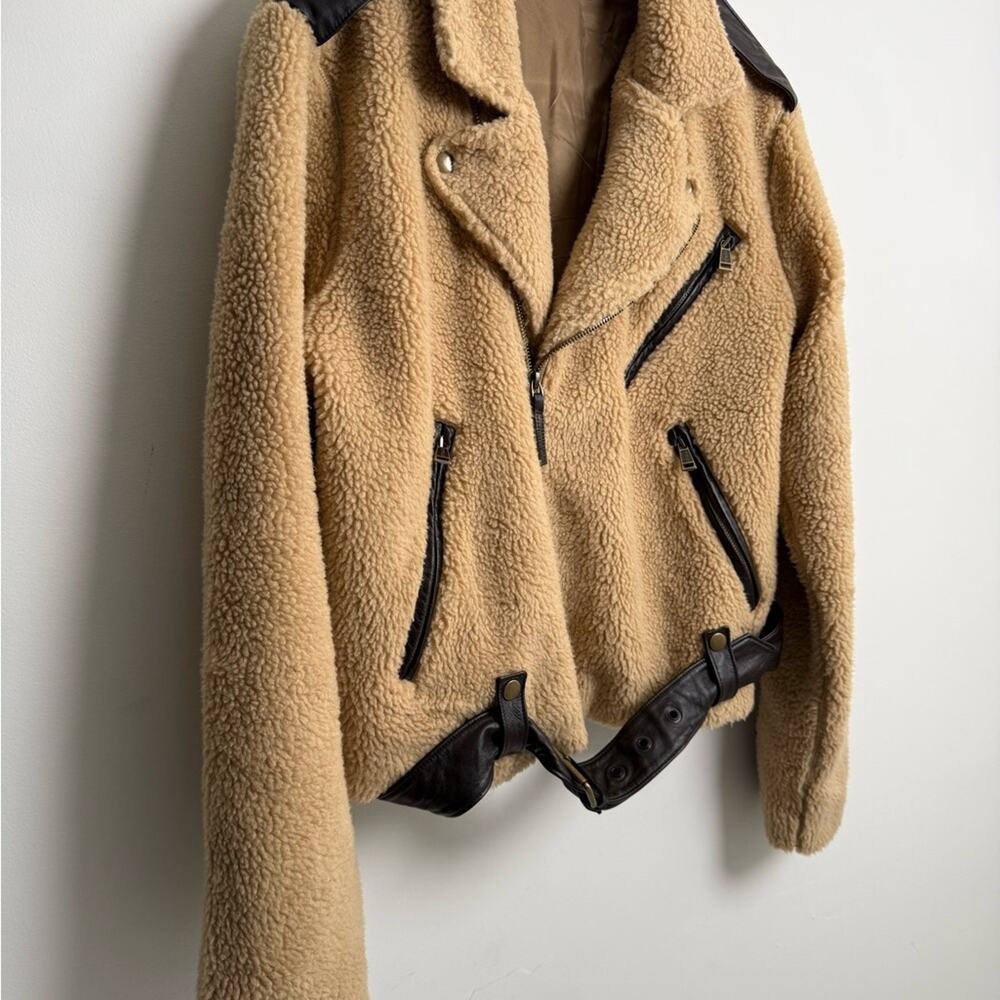 Polo Ralph Lauren Tan Sherpa moto belted Jacket cropped brown leather - Picture 5 of 10